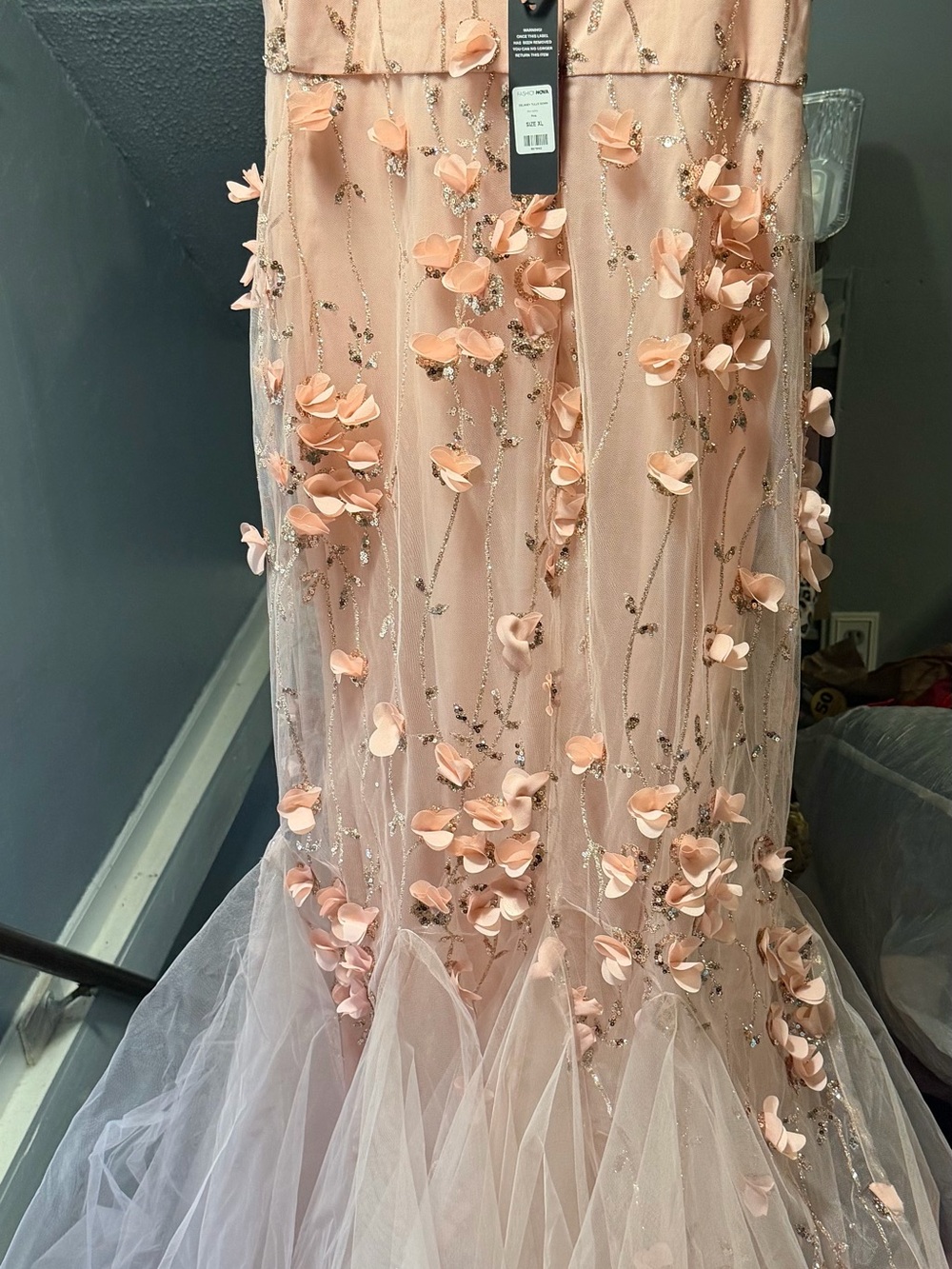 Fashion Nova Peach Blush 3D Floral Appliqué Prom Dress